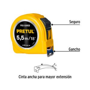 FLEXOMETRO AMARILLO,5.5M,PRETUL,TARJ PLAS