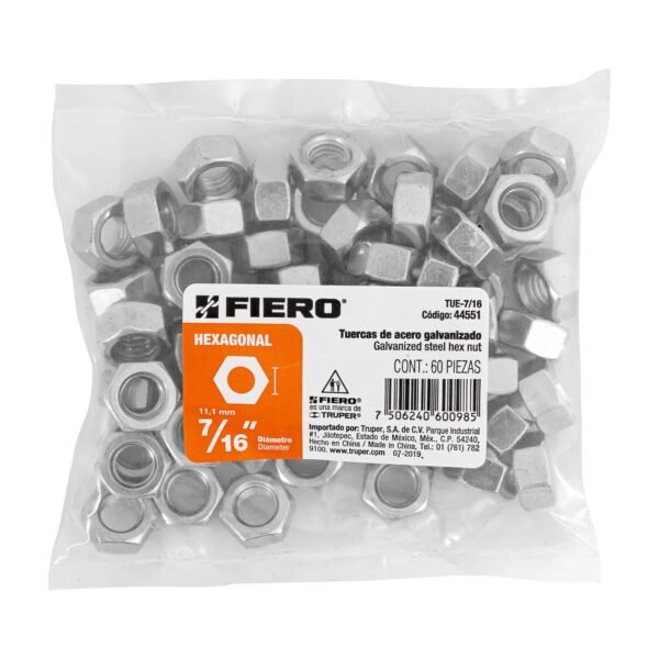 TUERCA ACERO GALV. HEXAGONAL DE 7/16